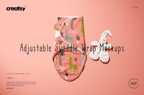 Adjustable baby swaddle wrap mockup featuring a coral pink color with giraffe and tree designs, shown with a soft bunny toy.