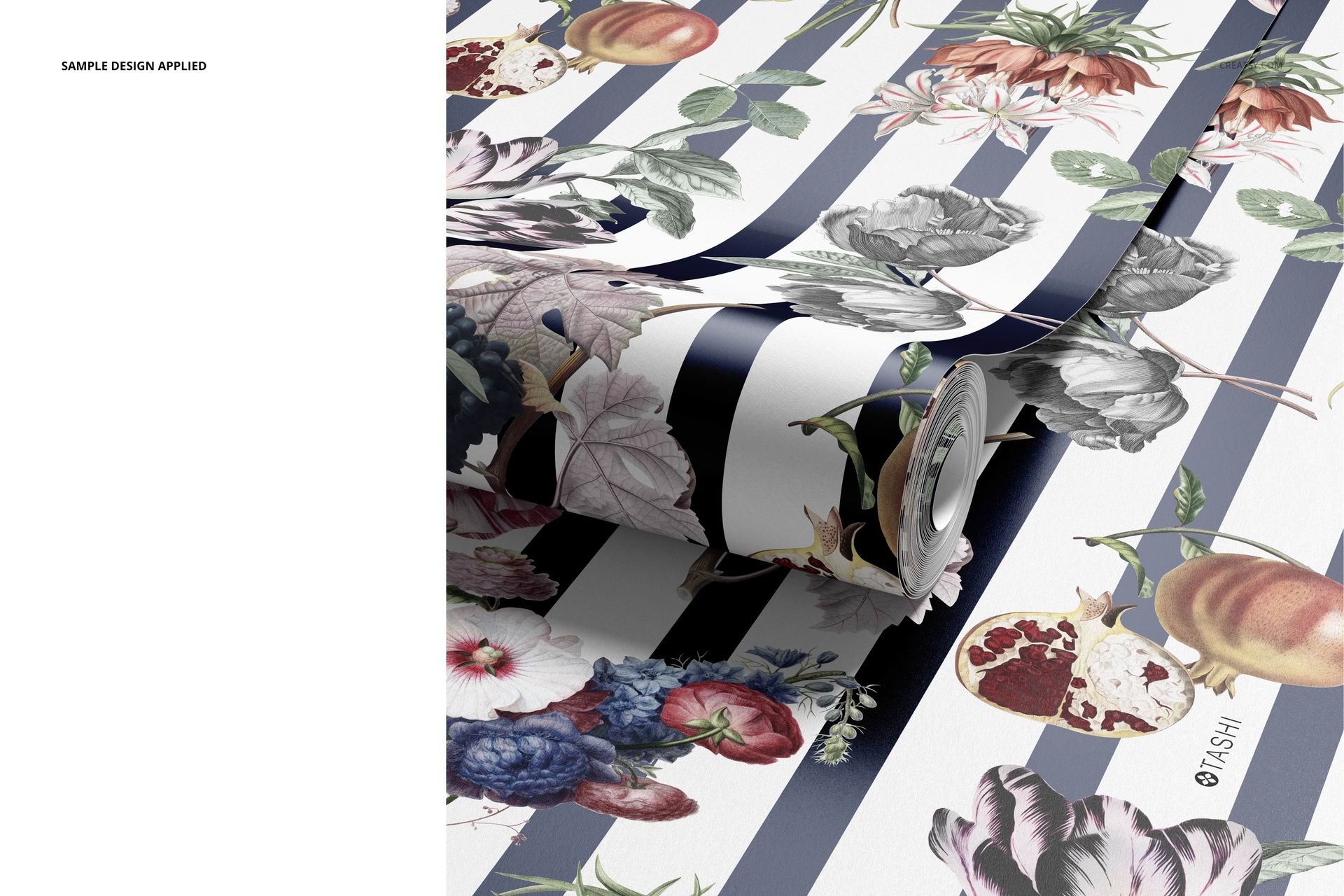 Front perspective of a paper wallpaper mockup showing detailed botanical and fruit illustrations over striped backdrop.