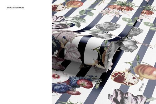 Front perspective of a paper wallpaper mockup showing detailed botanical and fruit illustrations over striped backdrop.