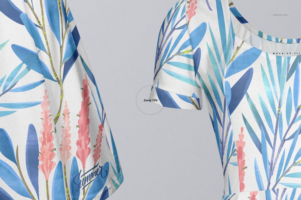 Close-up of a dress mockup featuring leafy and floral designs in shades of blue and pink, displayed on a neutral backdrop.