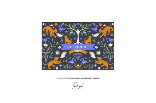 PSD mockup showing patterned fabric with blue, orange, and white motifs arranged outdoors on a bench near conifers.