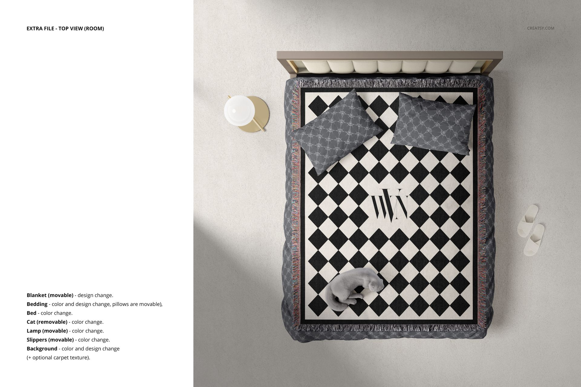 PSD mockup showing a bedroom scene from above with a patterned blanket, pillows, lamp, and carpet on a light floor.