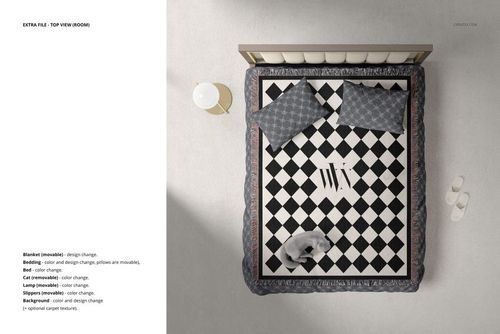 PSD mockup showing a bedroom scene from above with a patterned blanket, pillows, lamp, and carpet on a light floor.