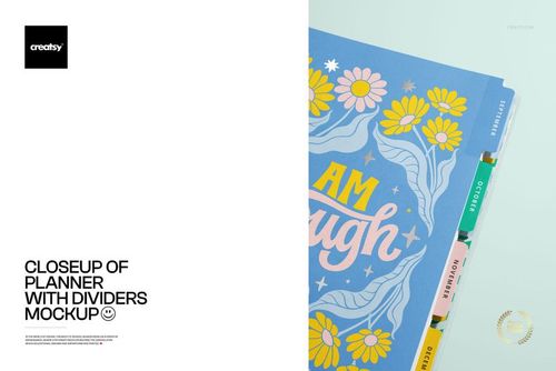 Detailed shot of a stationery planner mockup with illustrated flower dividers and labeled pastel tabs on the right side.