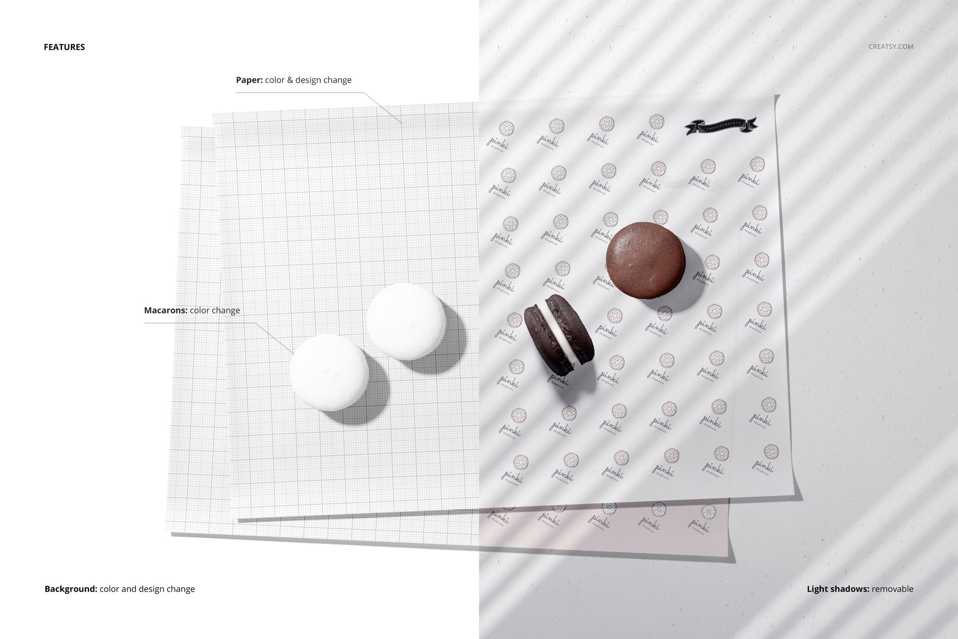 Food safe paper mockup displayed on a flat surface with two macarons, featuring a grid and patterned sheet under sunlight.