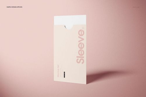 Front view of a stationery sleeve mockup standing upright on a soft pink background with minimalist design elements.
