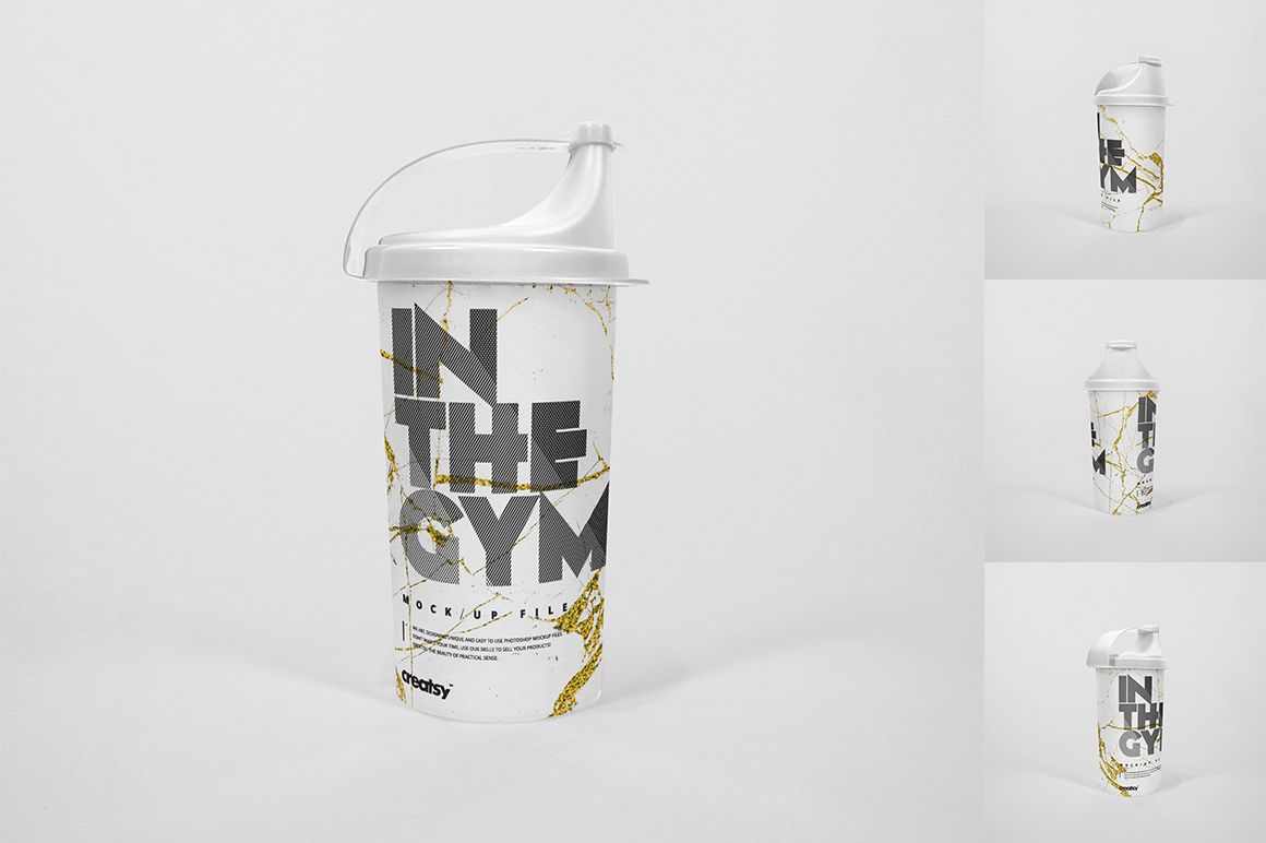 PSD mockup featuring plastic bottles for drinks, marble-inspired pattern, and various perspectives on a clean white surface.