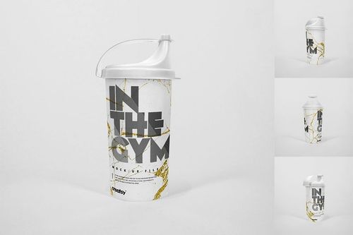 PSD mockup featuring plastic bottles for drinks, marble-inspired pattern, and various perspectives on a clean white surface.