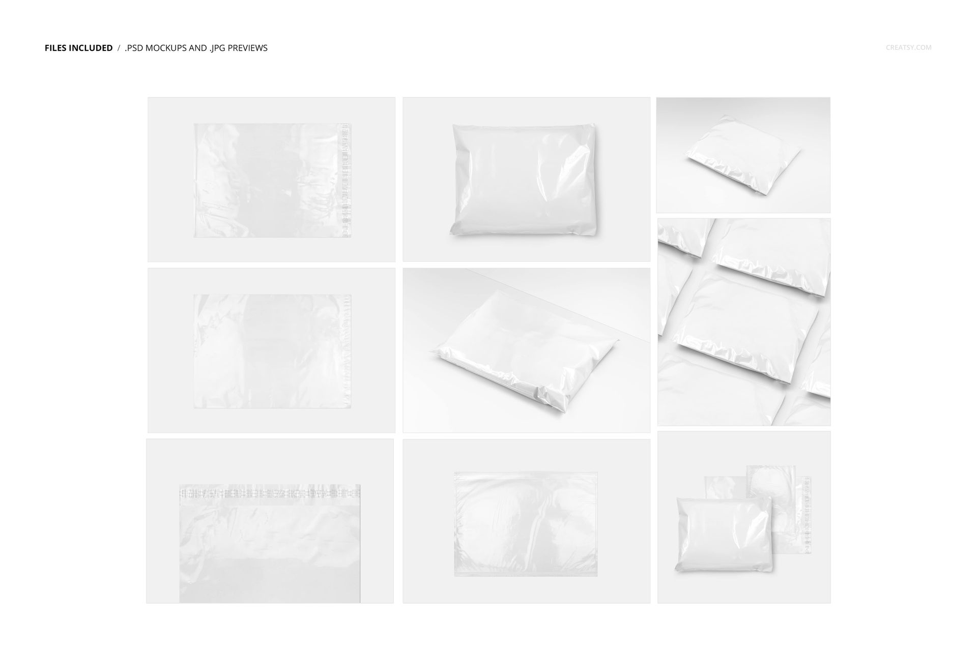 Nine white poly mailer packaging mockups arranged in a grid, showing various angles and perspectives.