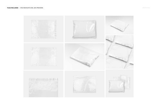 Nine white poly mailer packaging mockups arranged in a grid, showing various angles and perspectives.