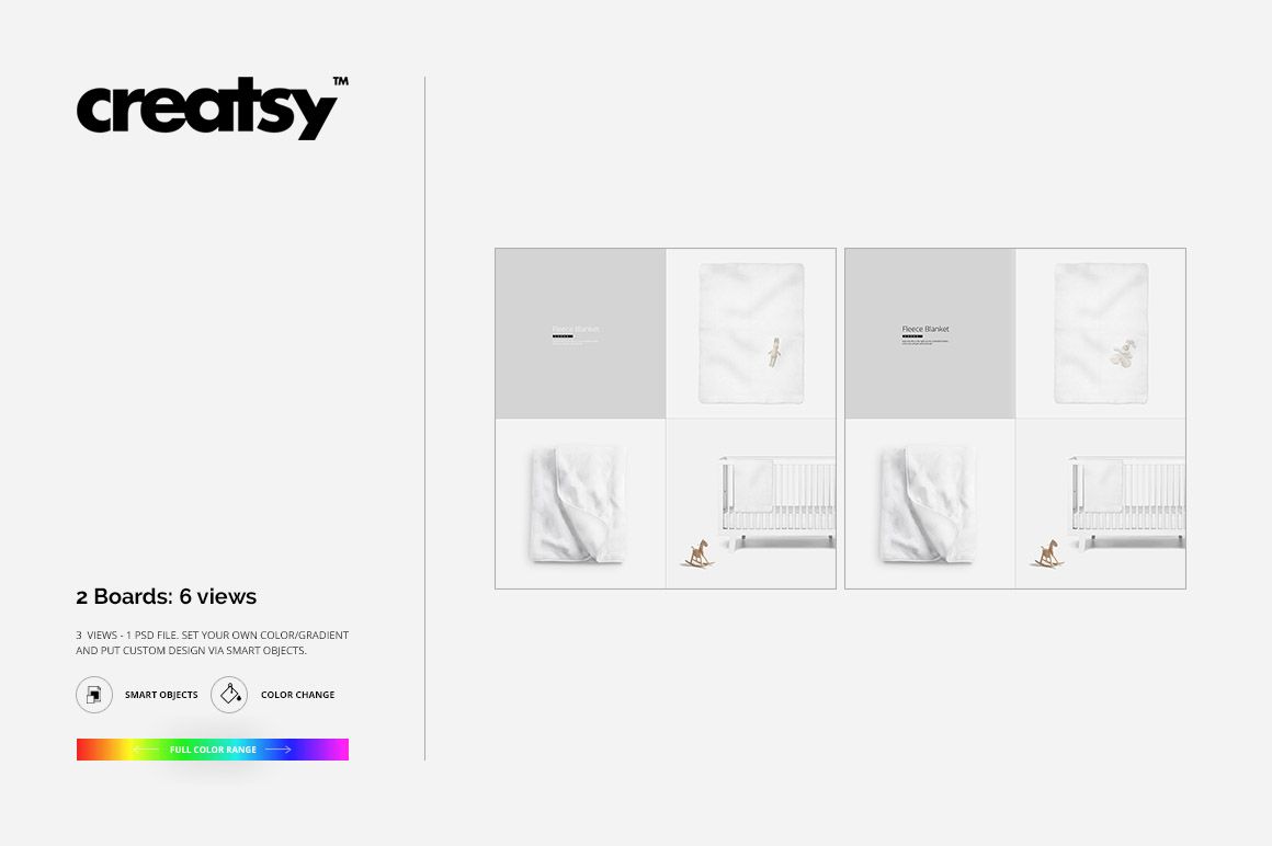 Baby fleece blanket mockup set showing two blanket sizes in top and front views, with white and neutral backgrounds.