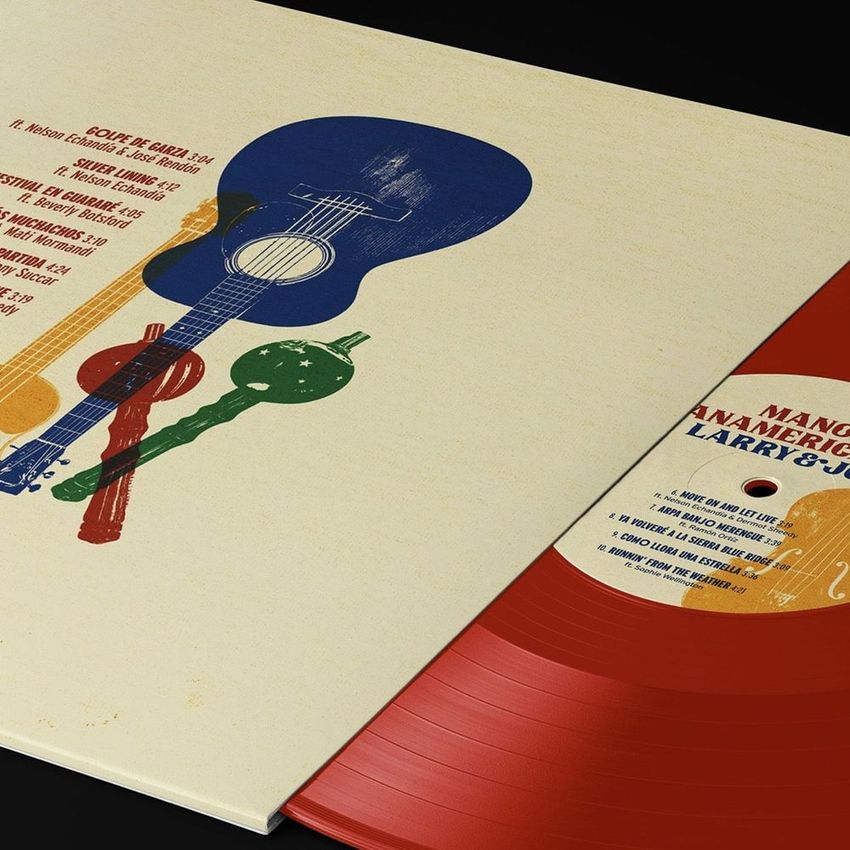 Vinyl record mockup showing a red disc and a cover with blue, yellow, and green instrument graphics and visible text overlay.