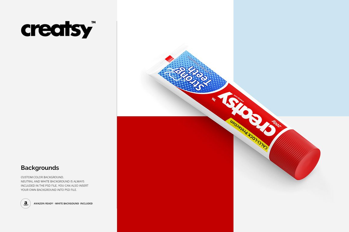 Angled toothpaste tube mockup featuring a colorful label, placed on a background with red, blue, and white squares.