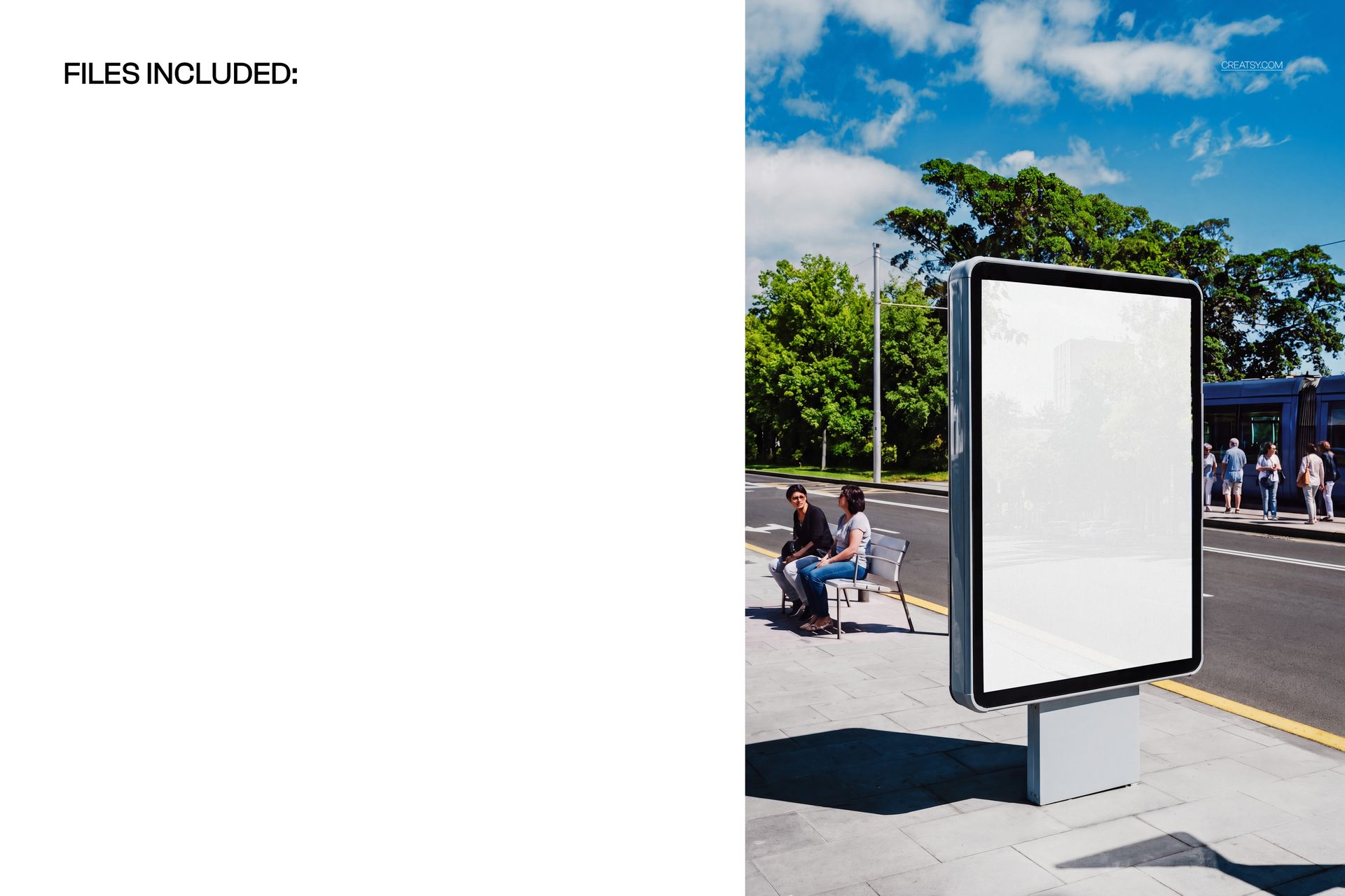 Outdoor tram stop advertising display mockup showing a large rectangular sign with a blank white surface on a city sidewalk.