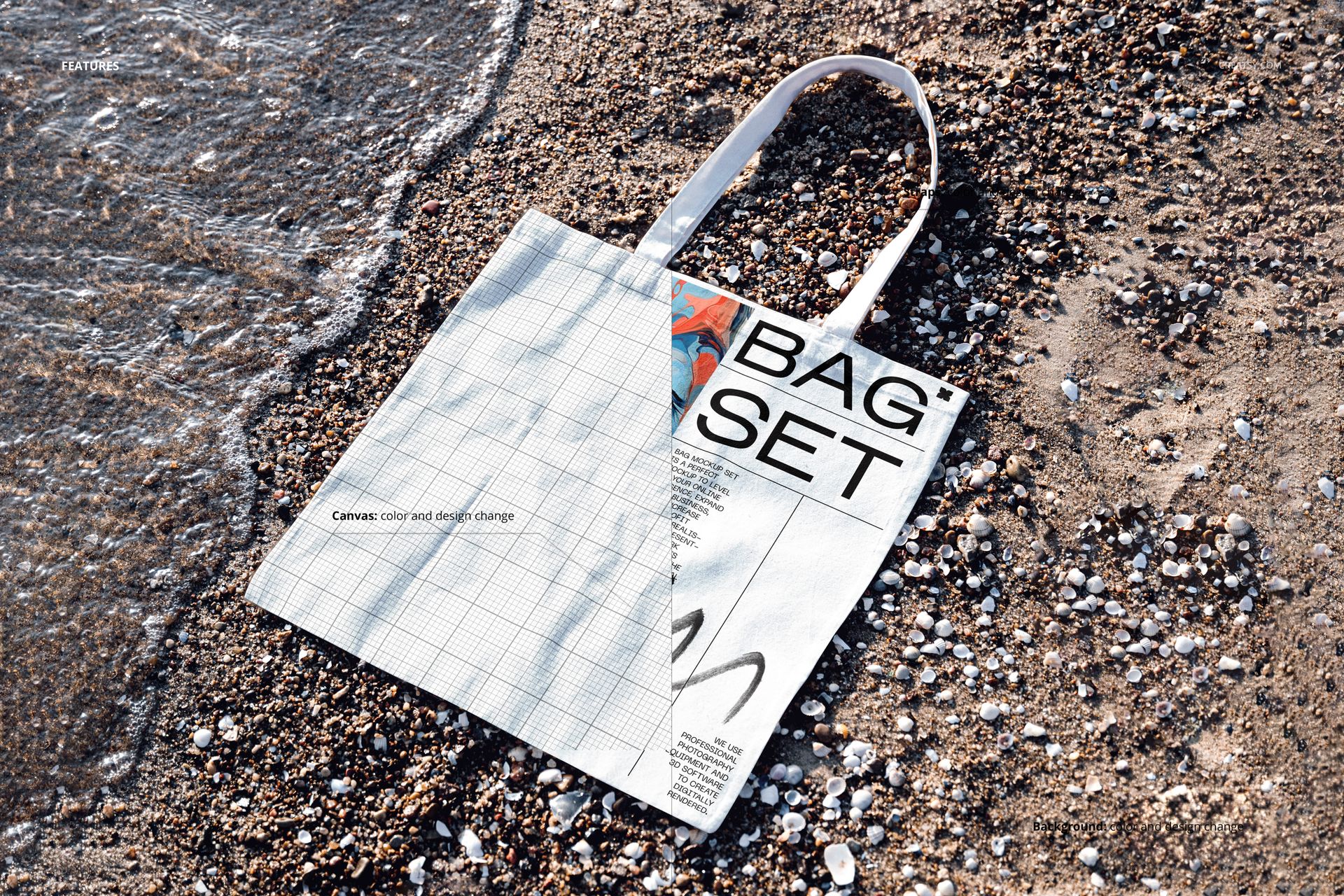 Canvas tote bag mockup on a shoreline, showing a split design with grid pattern and bold text, top-down perspective.