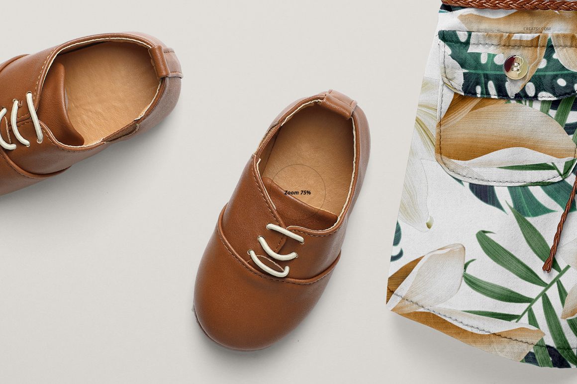 Top view of brown baby shoes next to a floral-patterned baby jeans dress mockup on a light background.