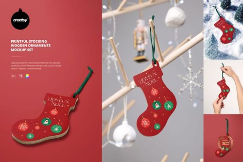 Red stocking-shaped wooden ornament with green ribbon, decorated with festive Christmas patterns, shown in mockup scenes.