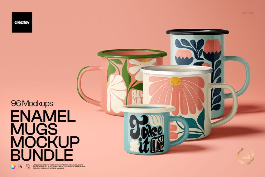 Set of enamel mugs featuring bold flower and leaf patterns, arranged together on a pink background in a mockup scene.