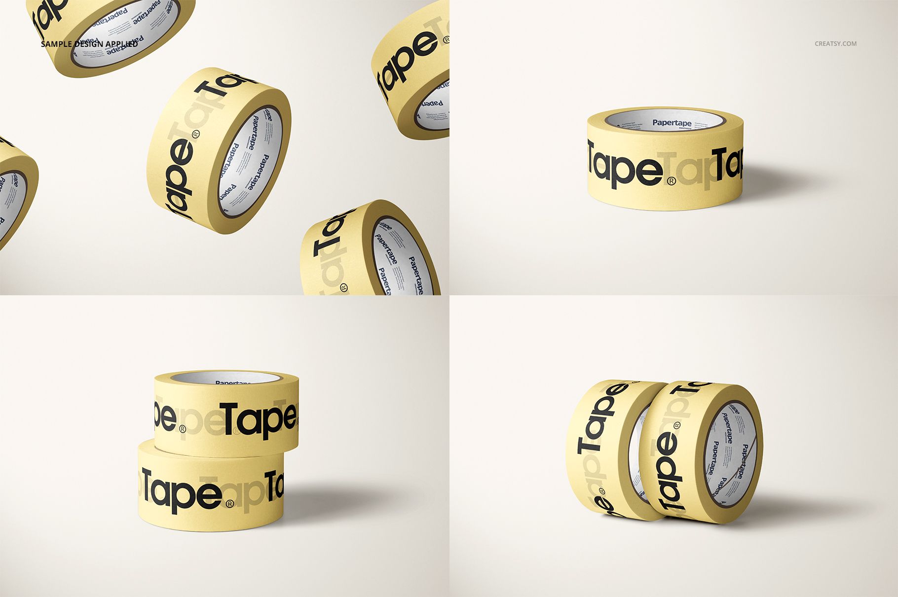 Set of yellow masking tape rolls featuring large black lettering, displayed in multiple realistic mockup perspectives.