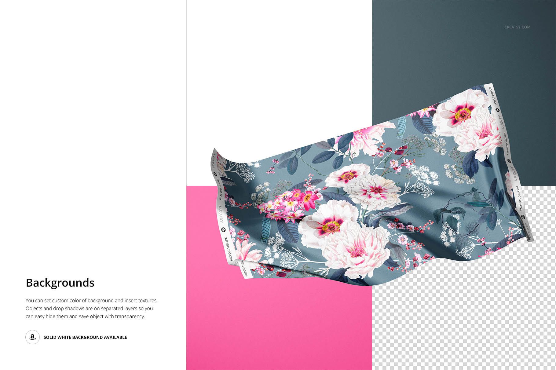 Silk fabric swatch with pink and white floral pattern displayed on a gray background, shown in a PSD mockup.