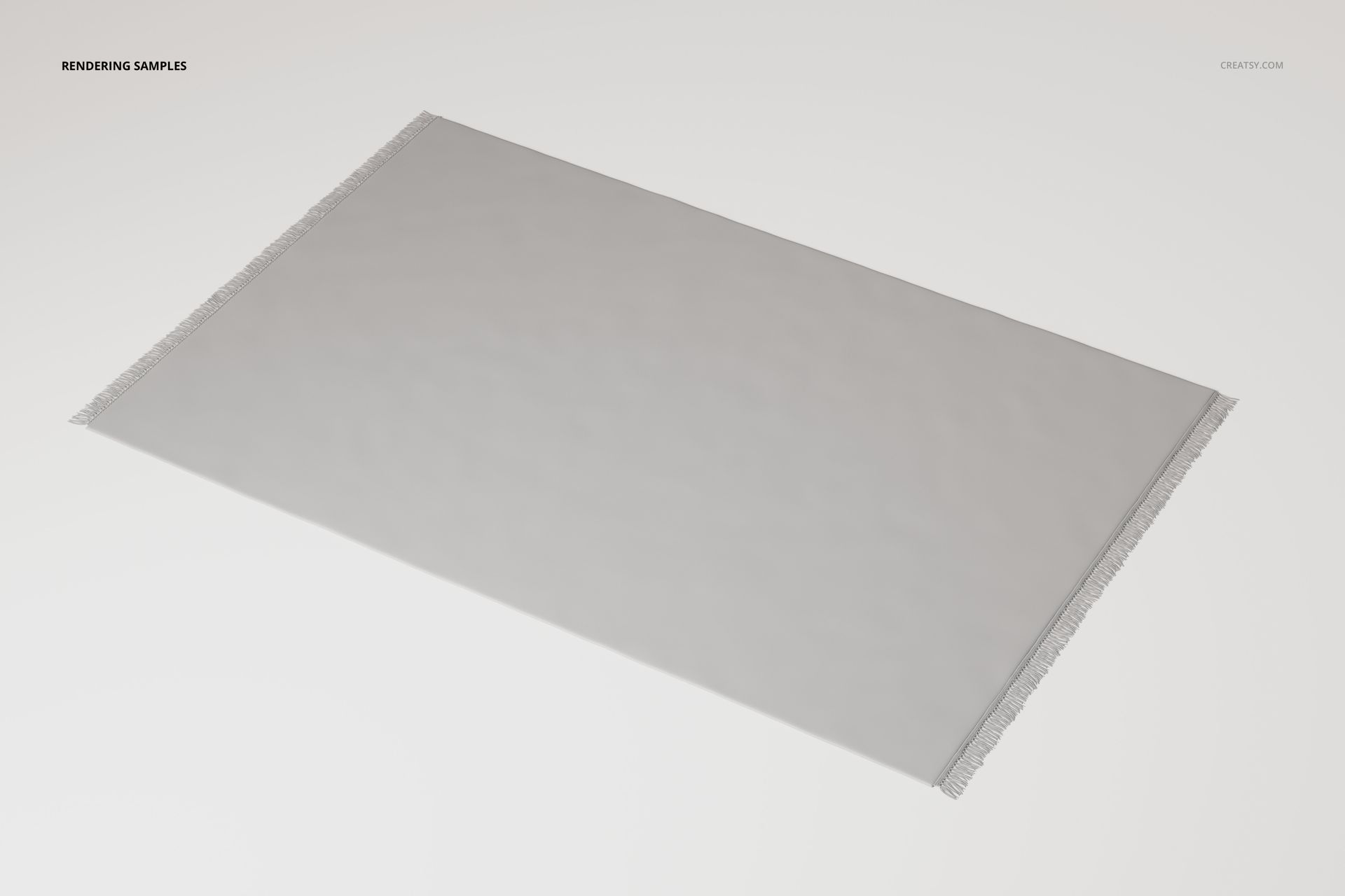 Large rectangular area rug with fringed edges, shown from an angled top view on a plain white background.