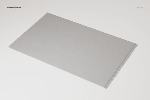 Large rectangular area rug with fringed edges, shown from an angled top view on a plain white background.