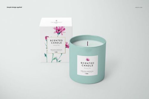 Front view of a classic candle and matching box mockup, featuring a pastel blue candle jar and floral label design.