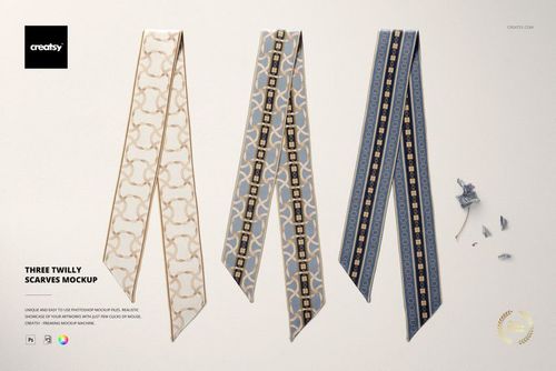Fashion accessories mockup showing three long, narrow twilly scarves with different patterns and muted colors.
