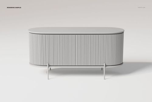 Scandinavian style console cabinet with rounded edges, vertical slat front design, shown in a neutral light gray color.