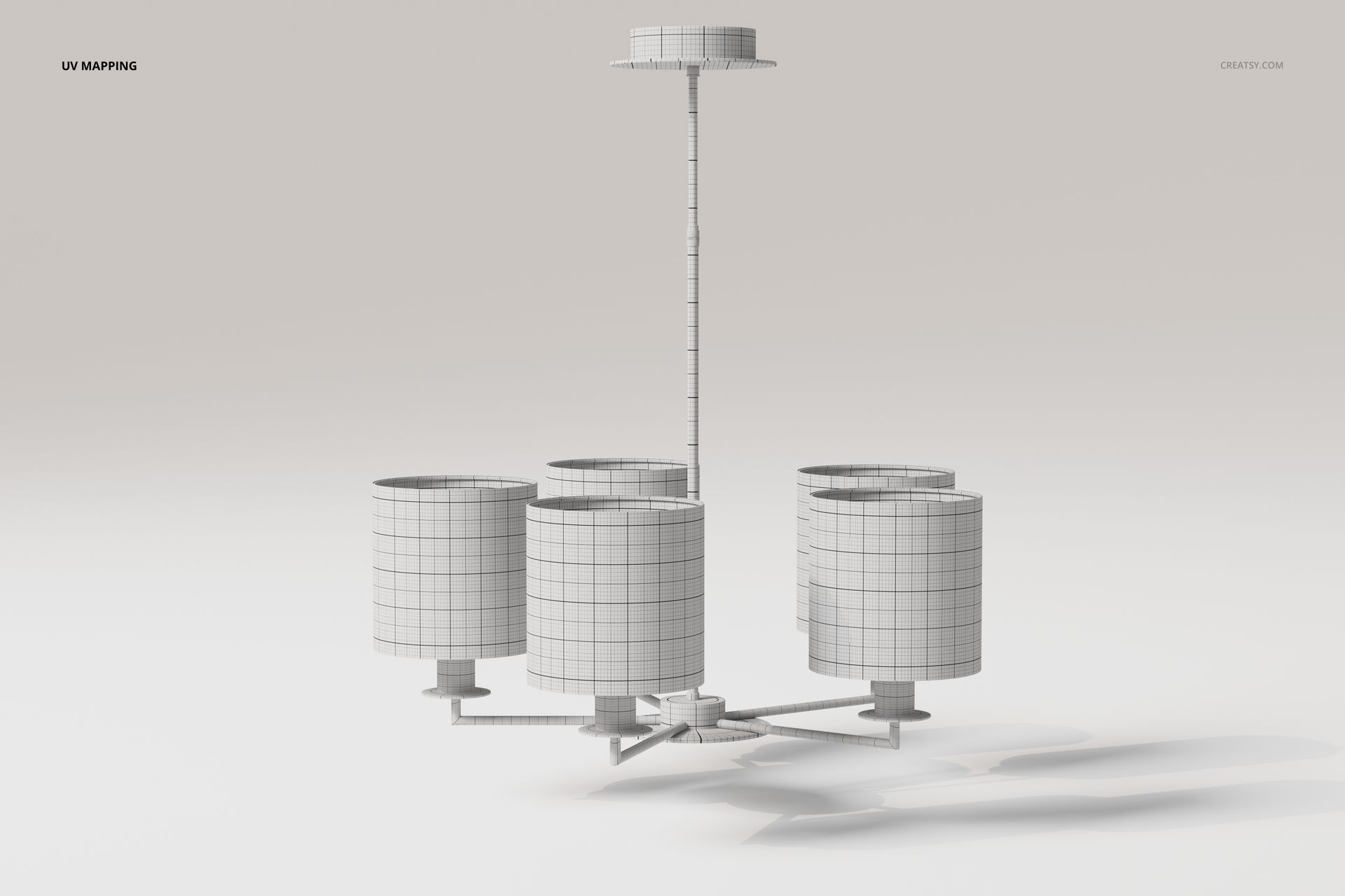 Five light chandelier 3D model with cylindrical lampshades, wireframe texture, shown from a front angle on a plain background.