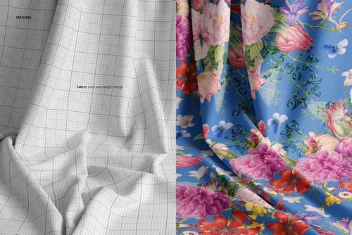 Draped fabric mockup set showing two fabric samples, one with a grid pattern and one with colorful floral designs.