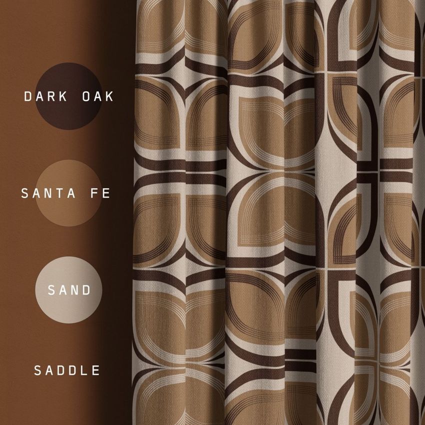 Curtain mockup featuring a closeup of fabric with a retro geometric pattern in brown and beige tones, shown with four color swatches and labels on the left.