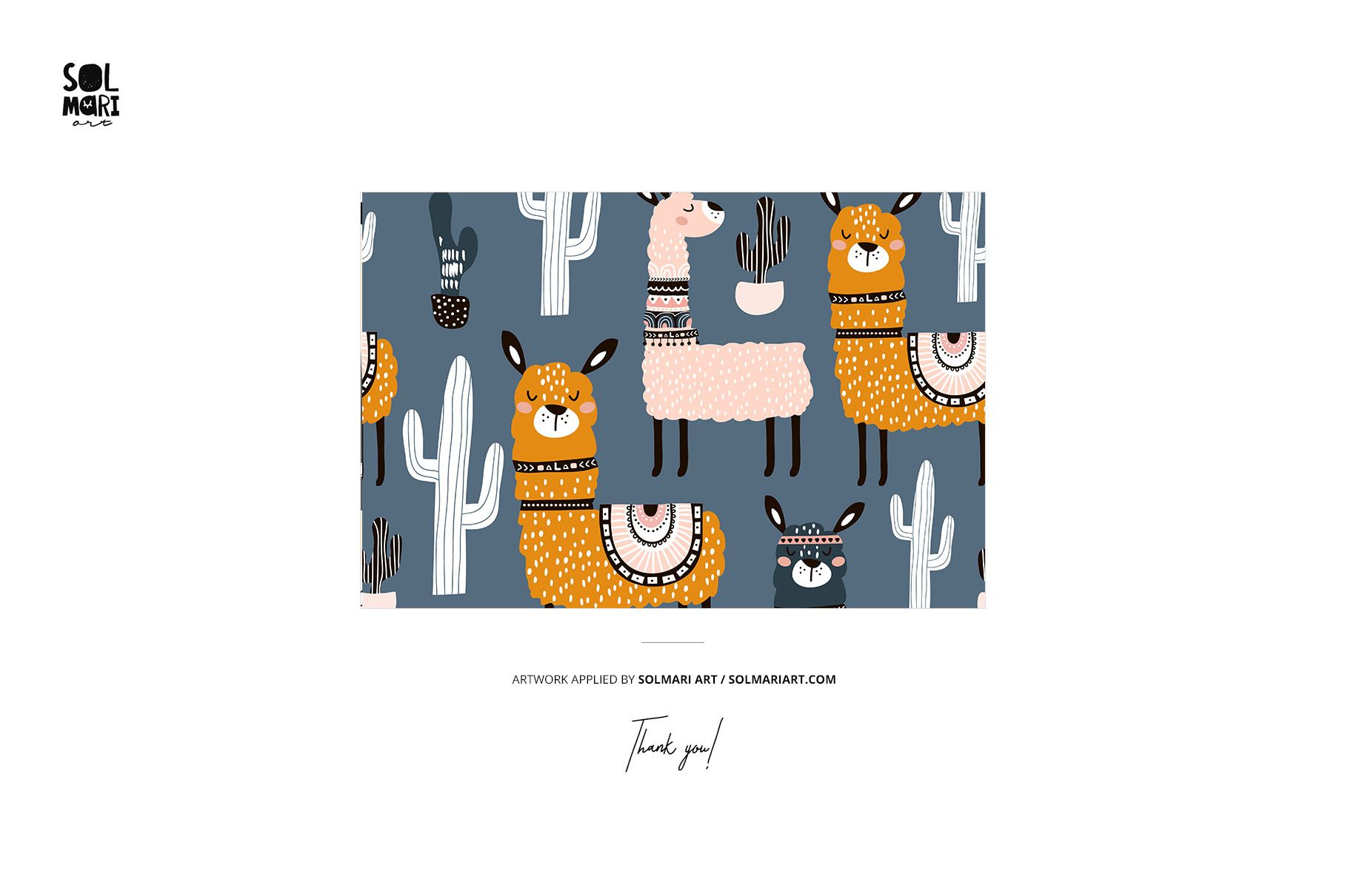 Kids cotton shorts mockup featuring a playful llama and cactus pattern in orange, white, and blue tones, front view.