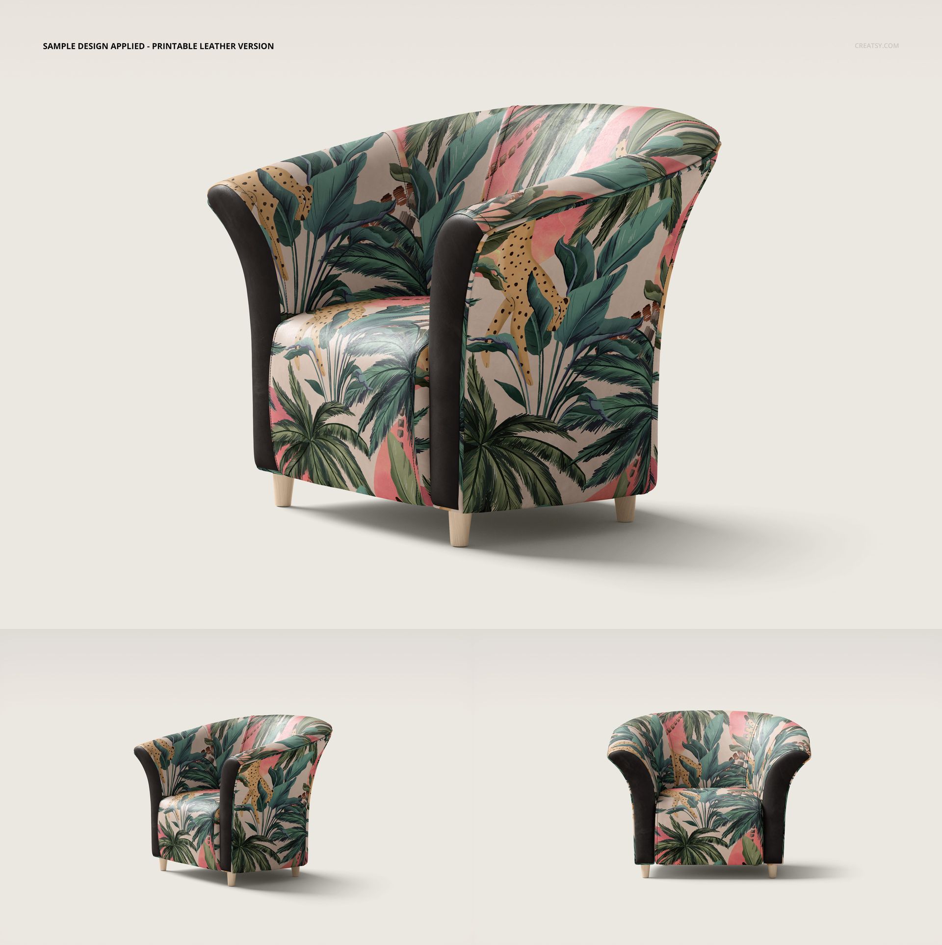 PSD mockup of a tub armchair with botanical and geometric print in vibrant green, pink, and neutral colors, angled view.