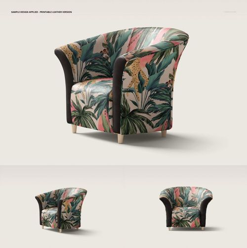 PSD mockup of a tub armchair with botanical and geometric print in vibrant green, pink, and neutral colors, angled view.