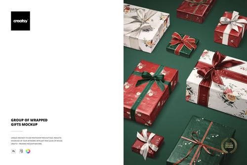 PSD mockup featuring a collection of wrapped presents with shiny bows and diverse patterns, displayed on a green background.