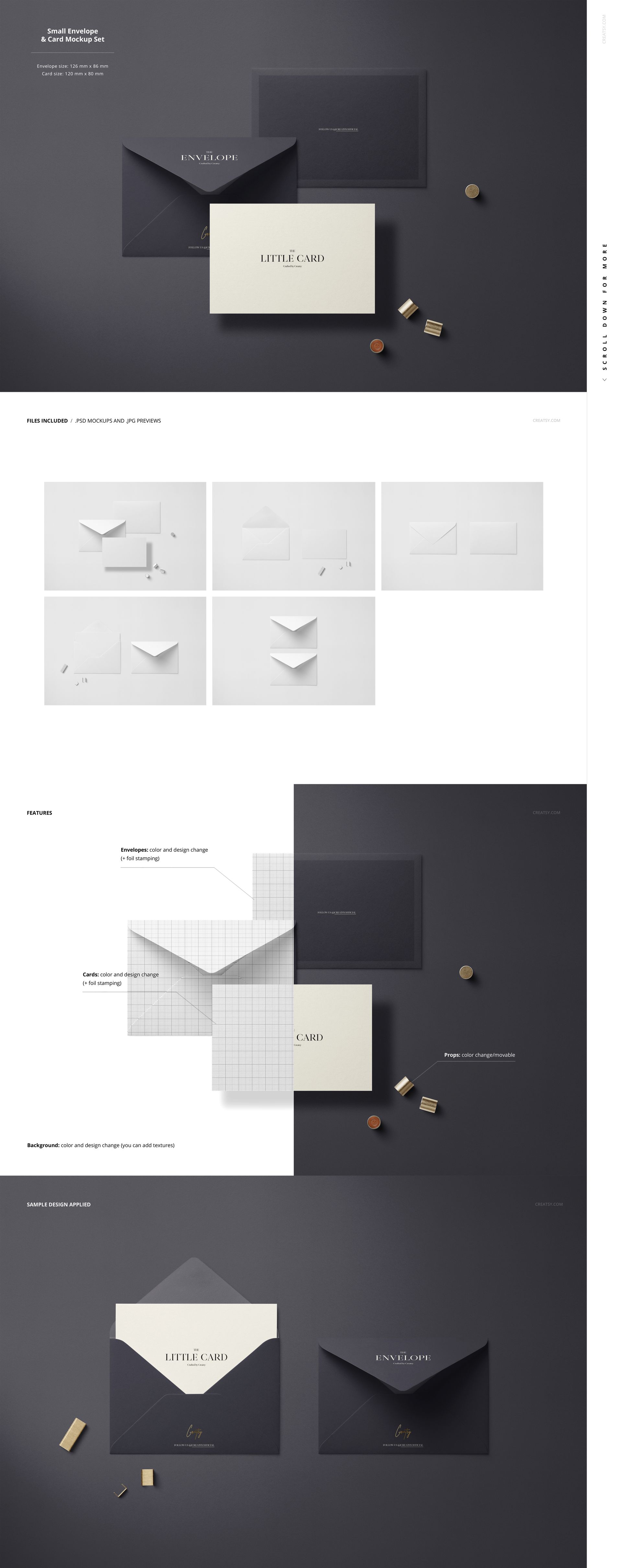 Stationery mockup featuring square envelopes and cards in dark and light colors, arranged on a flat surface with small props.