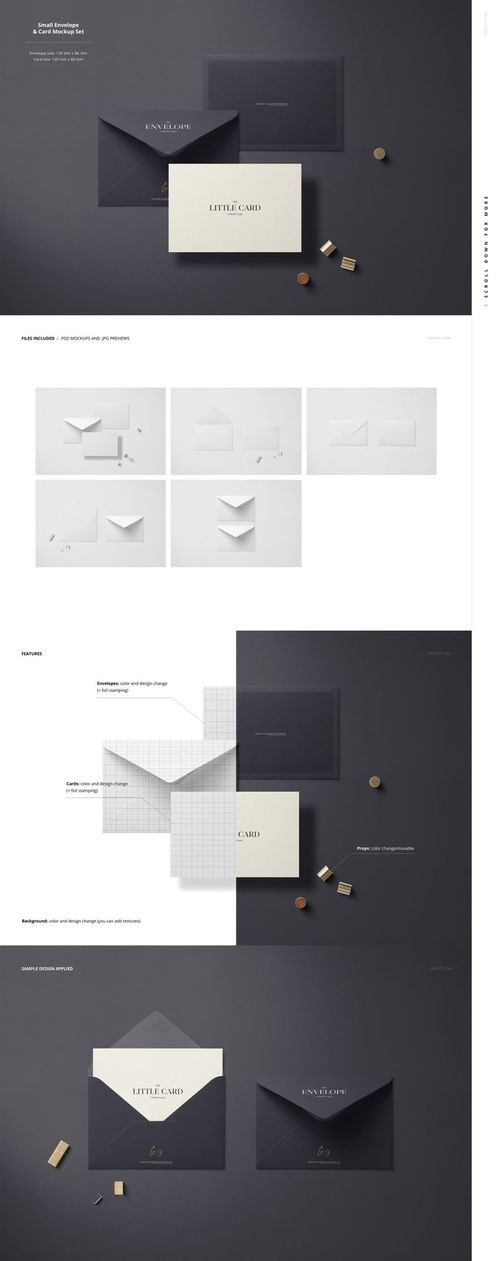 Stationery mockup featuring square envelopes and cards in dark and light colors, arranged on a flat surface with small props.