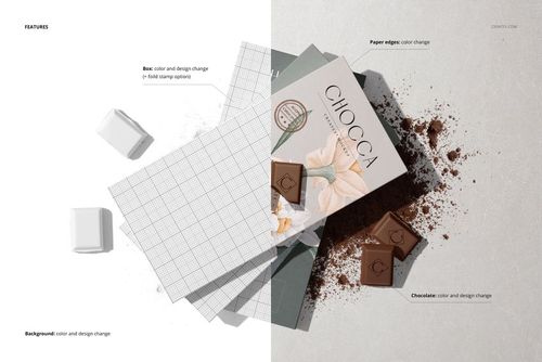Chocolate bar packaging mockup displayed with a box, chocolate cubes, and scattered cocoa powder on a split background.