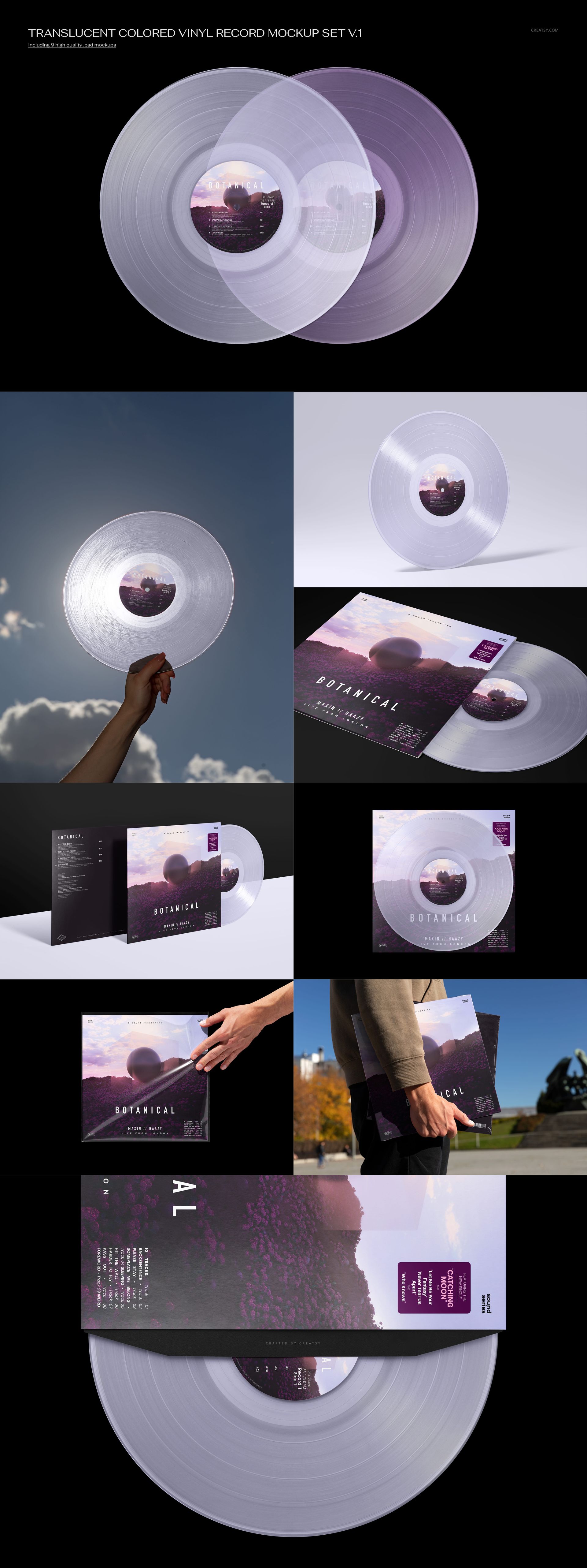 PSD mockup of a transparent vinyl record and album sleeve, featuring close-ups and lifestyle scenes in natural light.
