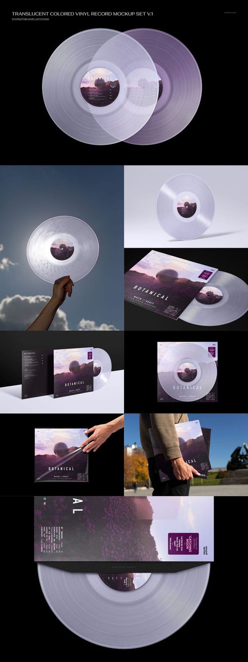 PSD mockup of a transparent vinyl record and album sleeve, featuring close-ups and lifestyle scenes in natural light.