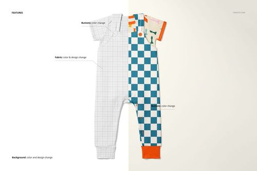 Front view of a baby bodysuit and overalls mockup with split design, featuring grid and checkered patterns.