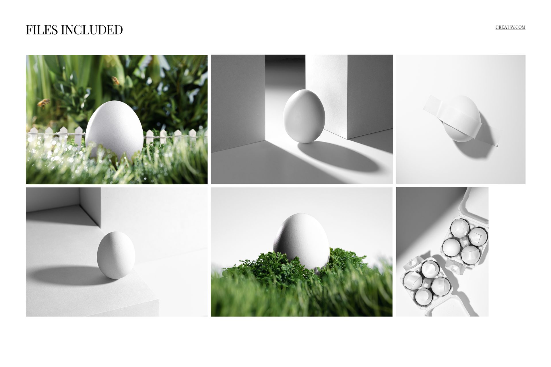 Six Easter egg mockup scenes featuring white eggs in various settings, including grass, boxes, and cartons.