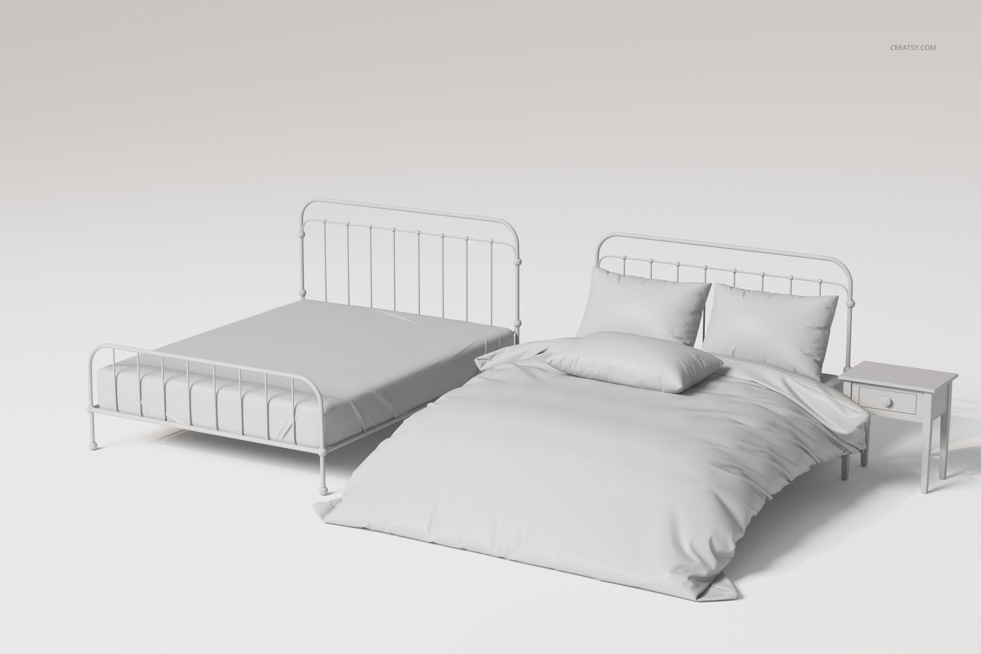 Metal slatted headboard bed with white bedding and pillows, shown in a front view next to a nightstand.