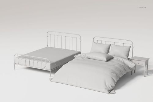 Metal slatted headboard bed with white bedding and pillows, shown in a front view next to a nightstand.