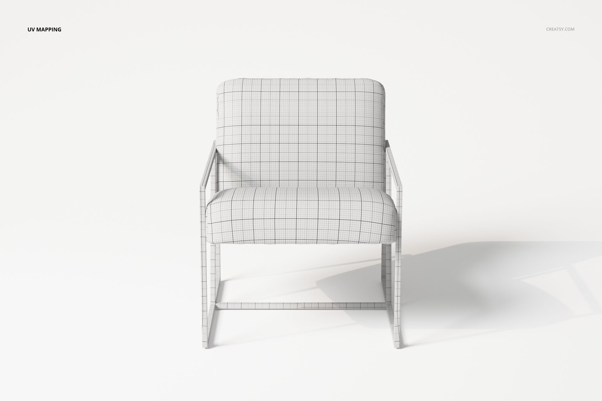 Front view of a modern armchair 3D model with angular lines, shown in wireframe with a grid pattern on a white background.