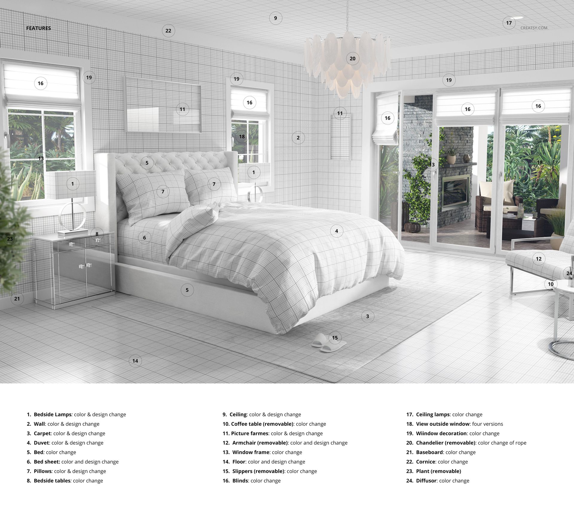 Traditional bedroom bedding mockup featuring a neatly made bed with white plaid linens in a bright, modern room.