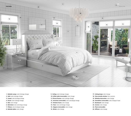 Traditional bedroom bedding mockup featuring a neatly made bed with white plaid linens in a bright, modern room.