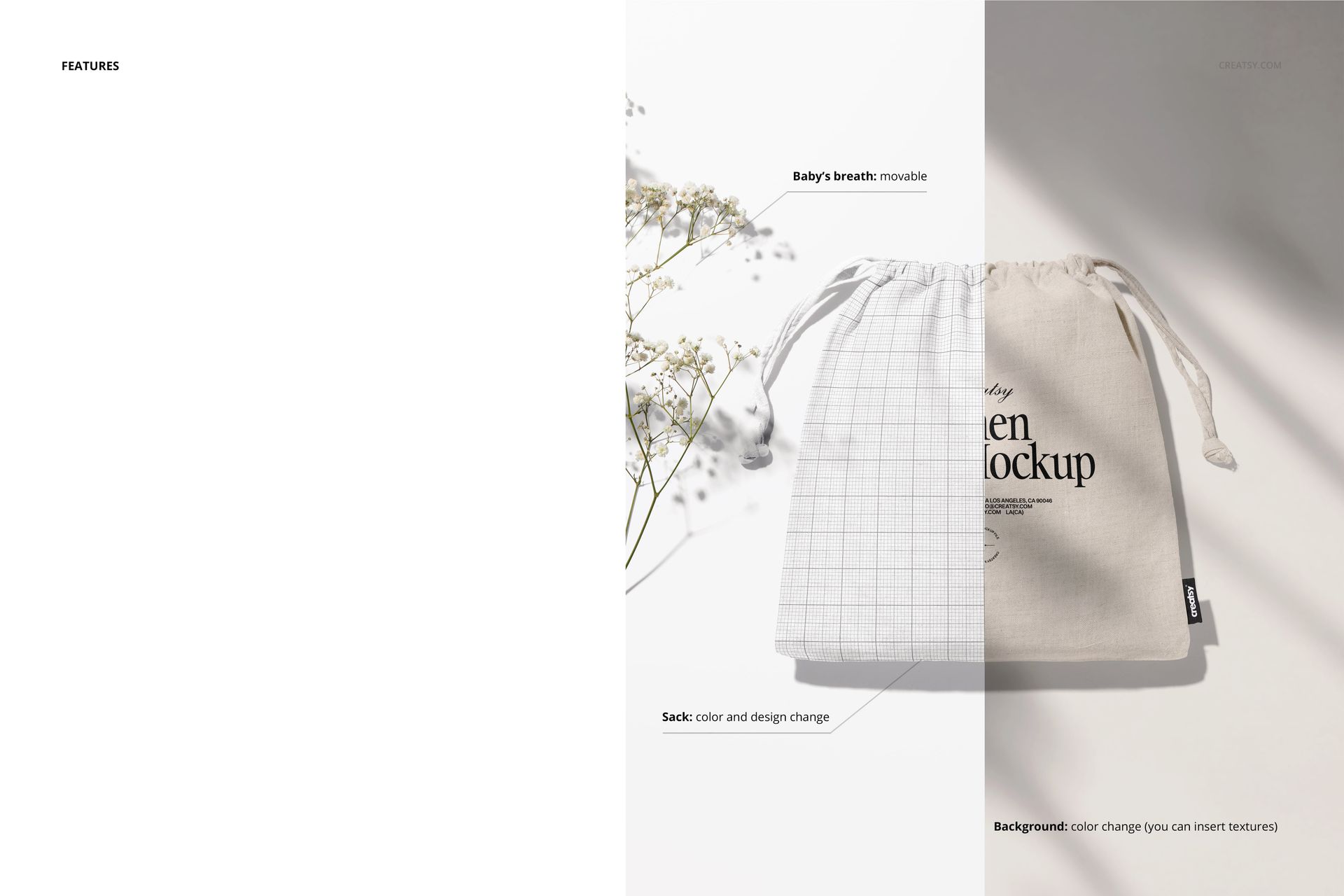 Linen sack mockup shown from above, featuring a drawstring and subtle grid design, with delicate plant accents.