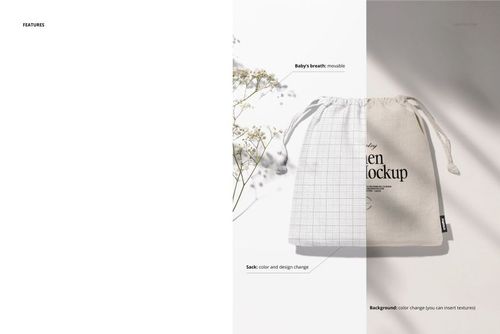 Linen sack mockup shown from above, featuring a drawstring and subtle grid design, with delicate plant accents.